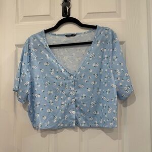 Baby Blue with White Ditsy Floral Print Button-Up Crop Top NWOT